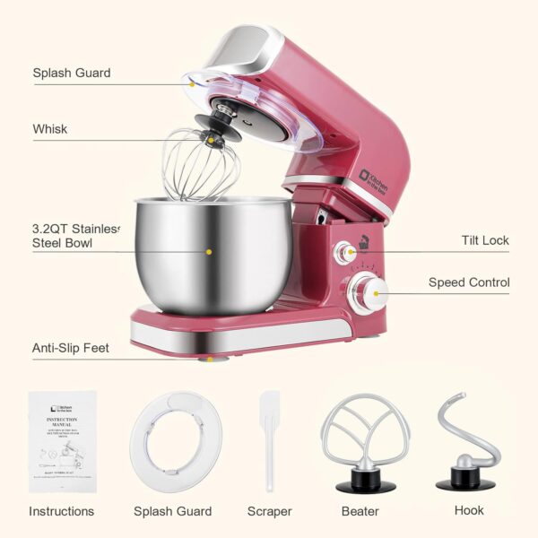 Kitchen in the box Stand Mixer,3.2Qt Small Electric Food Mixer,6 Speeds Portable Lightweight Kitchen Mixer for Daily Use with Egg Whisk,Dough Hook,Flat Beater (Purplish-red) - Image 2