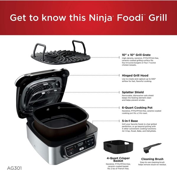 Ninja AG301 Foodi 5-in-1 Indoor Grill with Air Fry, Roast, Bake & Dehydrate, Black/Silver, 4-Quart Crisper Basket & 6-Quart Cooking Pot - Image 4