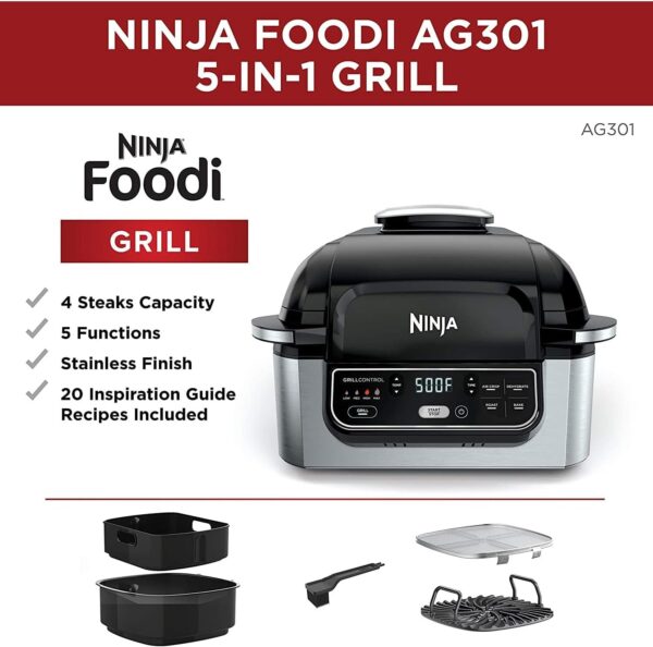 Ninja AG301 Foodi 5-in-1 Indoor Grill with Air Fry, Roast, Bake & Dehydrate, Black/Silver, 4-Quart Crisper Basket & 6-Quart Cooking Pot - Image 2