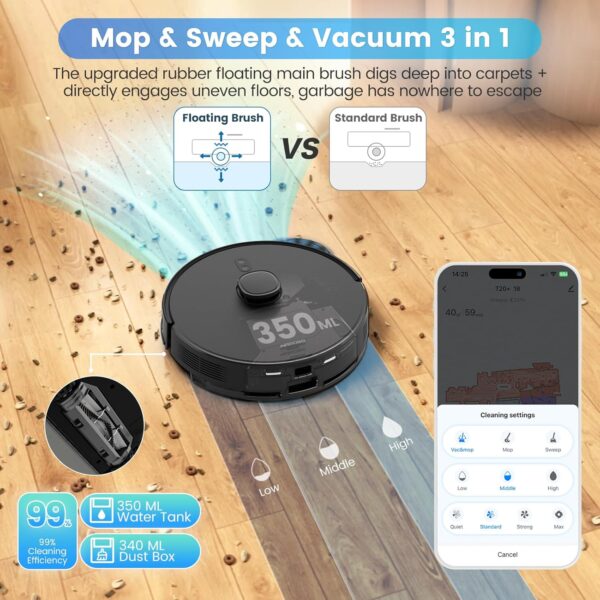 AIRROBO Robot Vacuum and Mop Combo, Self-Emptying, 60-Day Capacity, Home Mapping, Schedule, Wi-Fi/App/Alexa/Remote, 180mins Runtime, T20+ Robotic Vacuum Cleaner for Pet, Hard Floors, Carpet - Image 5