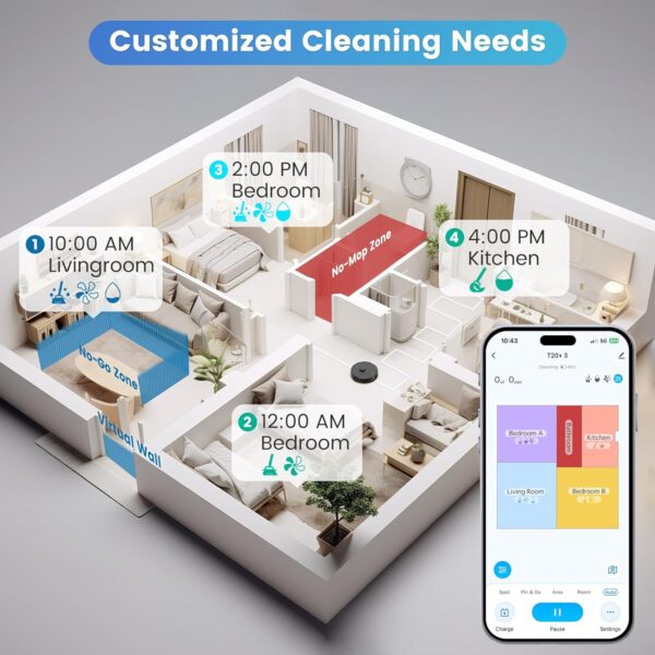 AIRROBO Robot Vacuum and Mop Combo, Self-Emptying, 60-Day Capacity, Home Mapping, Schedule, Wi-Fi/App/Alexa/Remote, 180mins Runtime, T20+ Robotic Vacuum Cleaner for Pet, Hard Floors, Carpet - Image 3